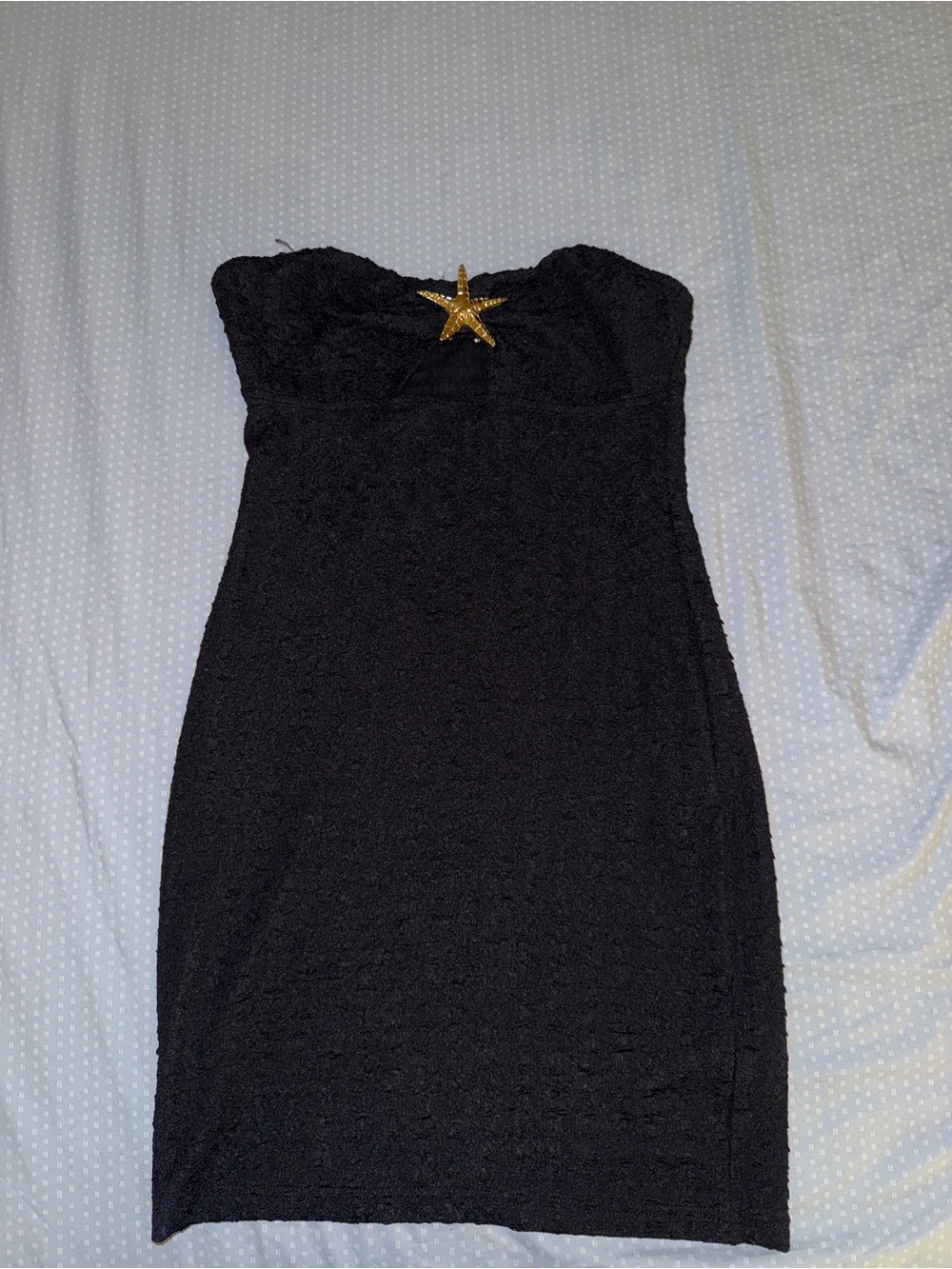 Strapless Black Lace Sheath Dress with Gold Star Accent